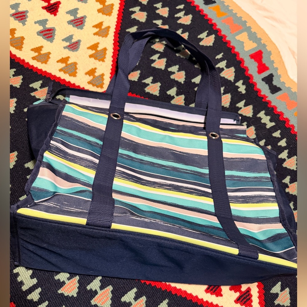 Thirty-One 31 Blue Tan Turquoise Striped Zippered Utility Tote